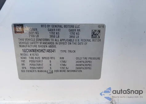 2017 Chevrolet Silverado 1500 Wt из США, поврежденный, VIN 1GCVKNEH3HZ148341